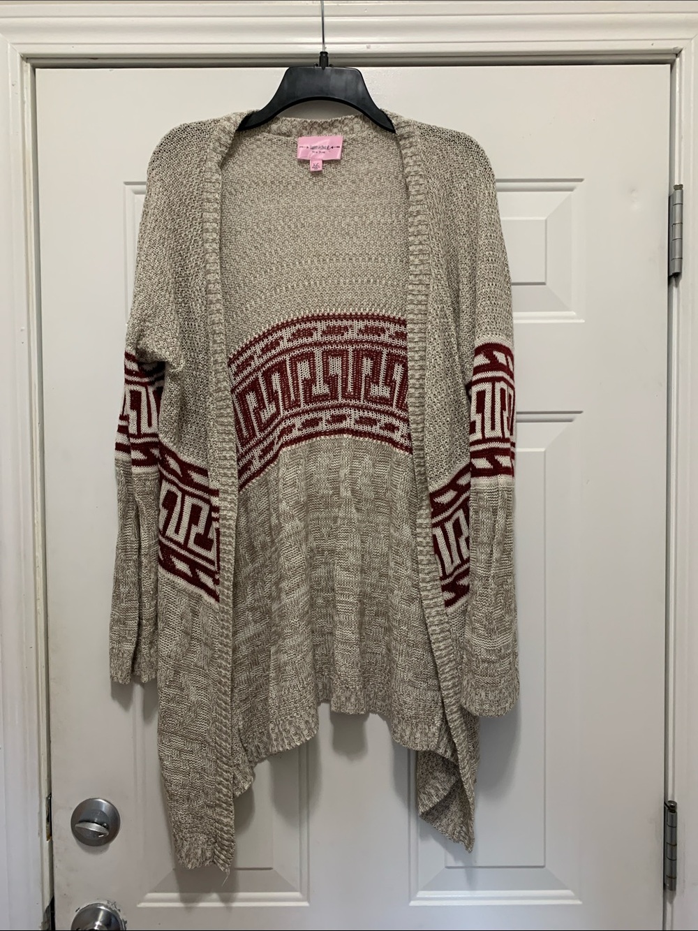 4/$10 Beige Open-Front Knit Sweater Cardigan with Red Geometric Pattern Size XL